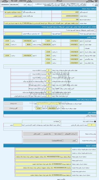 مزایده ، اجزاء و قطعات موتور قایق - محل نگهداری : انبار بندرلنگه- حق الزحمه کارشناسی به مبلغ 17.000.000 ریال به عهده خریدار می ب