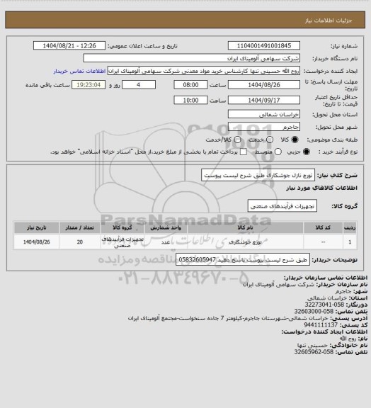 استعلام تورچ نازل جوشکاری طبق شرح لیست پیوست