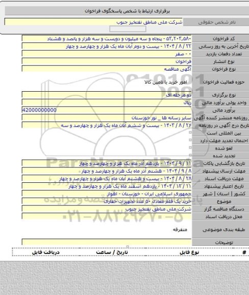 مناقصه, خرید یک قلم معادل ۵۰ عدد تجهیزات حفاری