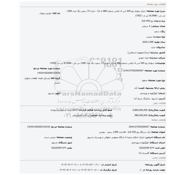 مزایده، سواری پژو 405 اس ال ایکس شماره 989 ی 12 – ایران 73  سفید رنگ مدل 1399      ش ش : 613996  ش م : 17932