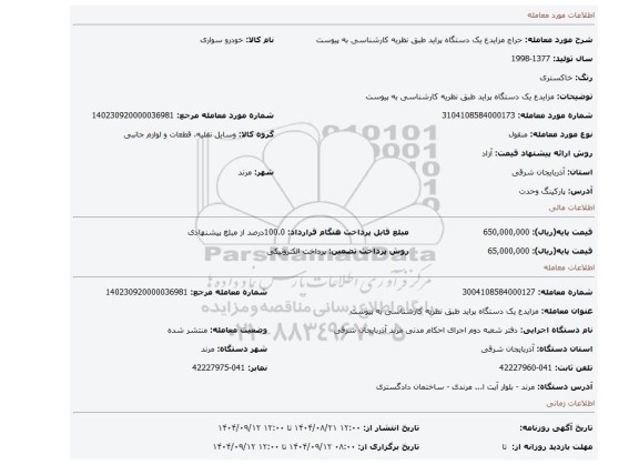 مزایده، مزایدع یک دستگاه پراید طبق نظریه کارشناسی به پیوست