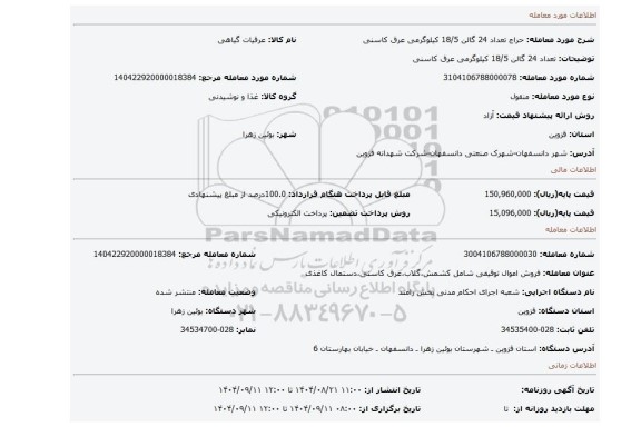 مزایده، تعداد 24 گالن 18/5 کیلوگرمی عرق کاسنی