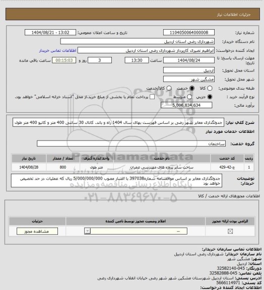 استعلام جدولگذاری معابر شهر رضی بر اساس فهرست بهای سال 1404 راه و باند. کانال 30 سانتی 400 متر و کانیو 400 متر طول