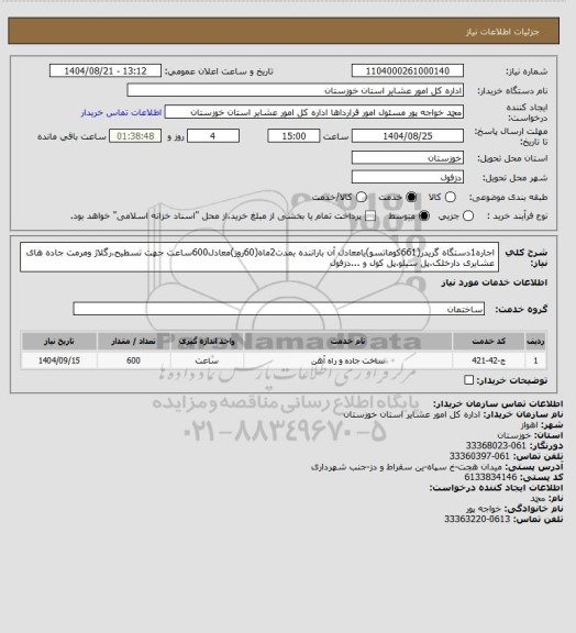 استعلام اجاره1دستگاه گریدر(661کوماتسو)یامعادل آن باراننده بمدت2ماه(60روز)معادل600ساعت جهت تسطیح،رگلاژ ومرمت جاده های عشایری دارخلک،پل سیلو،پل کول و ...دزفول