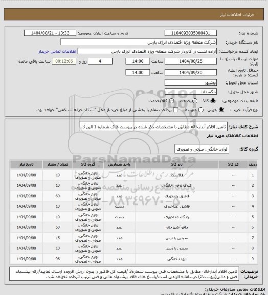 استعلام تامین اقلام آبدارخانه مطابق با مشخصات ذکر شده در پیوست های شماره 1 الی 3.