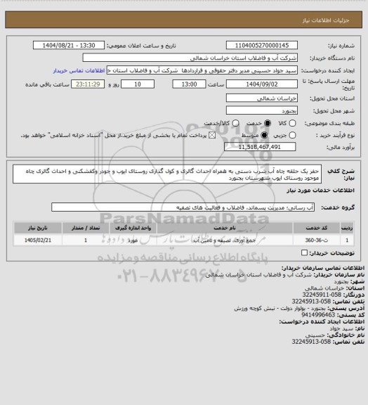 استعلام حفر یک حلقه چاه آب شرب دستی به همراه احداث گالری و کول گذاری روستای ایوب و جودر وکفشکنی و احداث گالری چاه موجود روستای ایوب شهرستان بجنورد