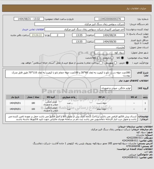 استعلام 180عدد حوله دست نانو با کیفیت به ابعاد 60*30 و 100عدد حوله حمام نانو با کیفیت به ابعاد 110*70 طبق فایل مدرک پیوست