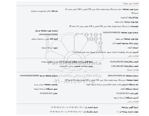 مزایده، ششدانگ عرصه واعیان پلاک ثبتی 725 فرعی از 129 اصلی بخش 14 ناحیه 55
