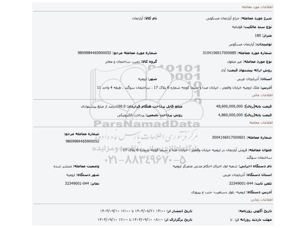 مزایده، آپارتمان مسکونی