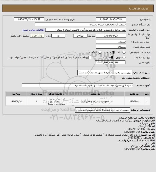 استعلام نیرورسانی به چاه شماره 3 شهر معمولان(چم حیدر)