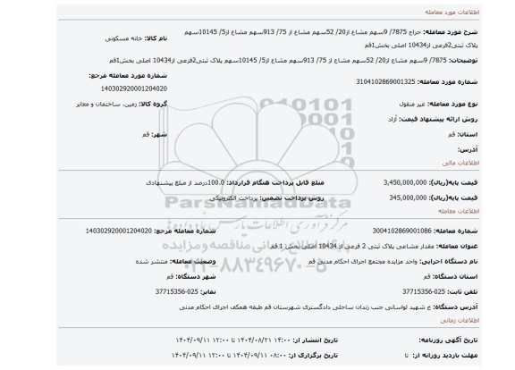 مزایده، 7875/ 9سهم مشاع از20/ 52سهم مشاع از 75/ 913سهم مشاع از5/ 10145سهم پلاک ثبتی2فرعی از10434 اصلی بخش1قم