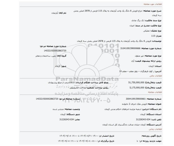 مزایده، فروش 6 دانگ یک واحد آپارتمان به پلاک 115 فرعی از 2978 اصلی بخش سه کرمان