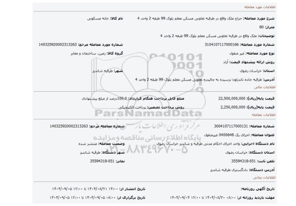 مزایده، ملک واقع در طرقبه تعاونی مسکن معلم بلوک 99 طبقه 2 واحد 4
