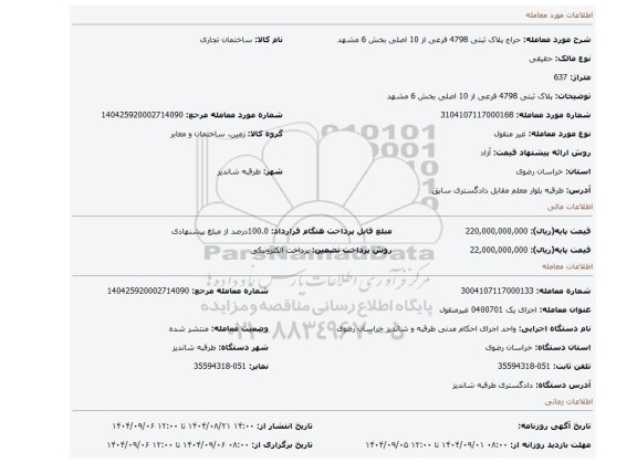 مزایده، پلاک ثبتی 4798 فرعی از 10 اصلی بخش 6 مشهد