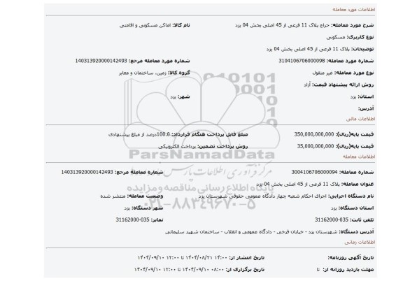 مزایده، پلاک 11 فرعی از 45 اصلی بخش 04 یزد