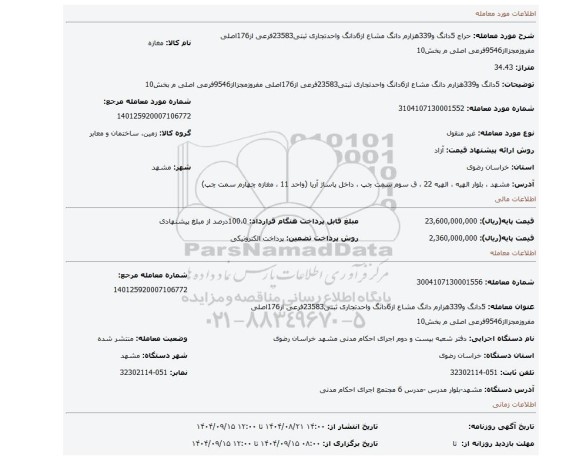 مزایده، 5دانگ و339هزارم دانگ مشاع از6دانگ واحدتجاری ثبتی23583فرعی از176اصلی مفروزمجزااز9546فرعی اصلی م بخش10