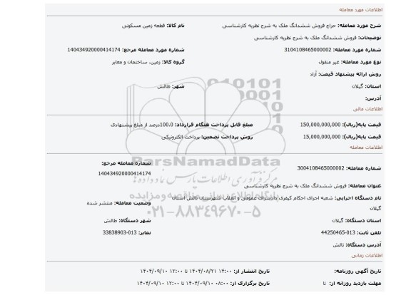 مزایده، فروش ششدانگ ملک به شرح نظریه کارشناسی