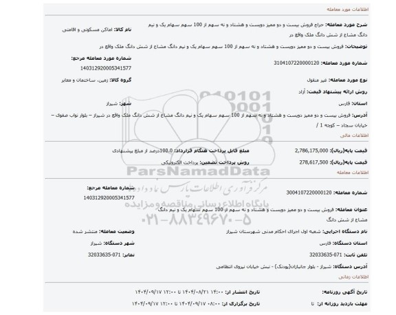 مزایده، فروش بیست و دو ممیز دویست و هشتاد و نه سهم از 100 سهم سهام یک و نیم دانگ مشاع از شش دانگ ملک واقع در