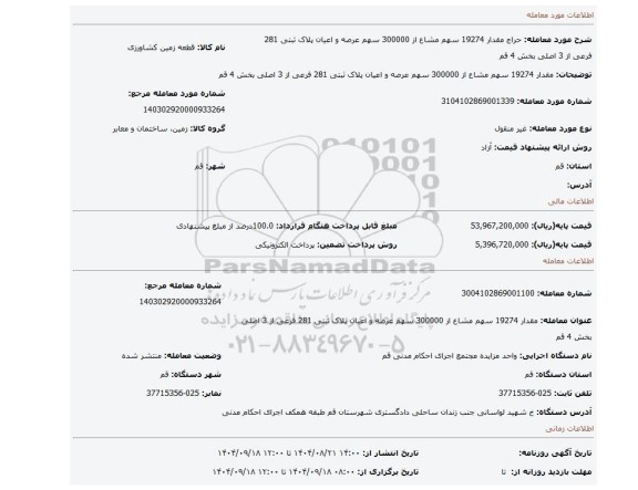 مزایده، مقدار 19274 سهم مشاع از 300000 سهم عرصه و اعیان پلاک ثبتی 281 فرعی از 3 اصلی بخش 4 قم