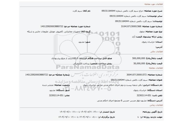 مزایده، سیم کارت دائمی شماره 09151164044