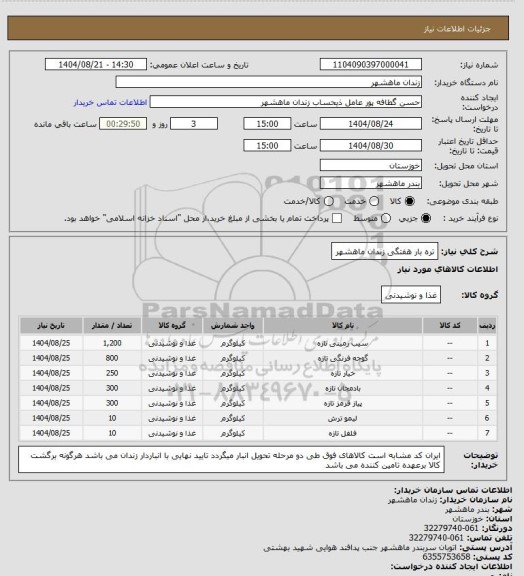 استعلام تره بار هفتگی زندان ماهشهر