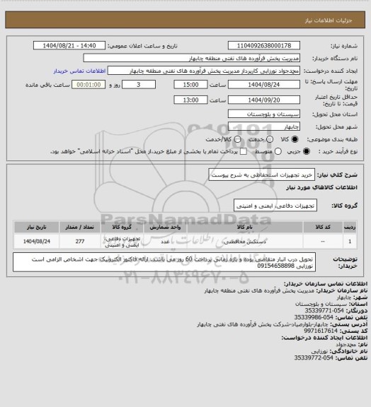 استعلام خرید تجهیزات استحفاظی به شرح پیوست