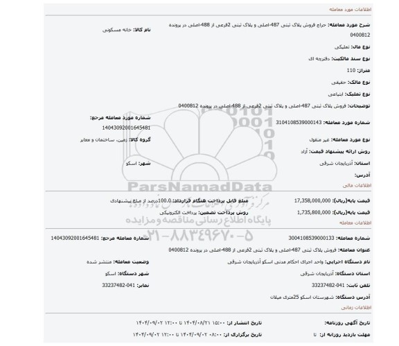 مزایده، فروش پلاک ثبتی 487-اصلی و پلاک ثبتی 2فرعی از 488-اصلی در پرونده 0400812
