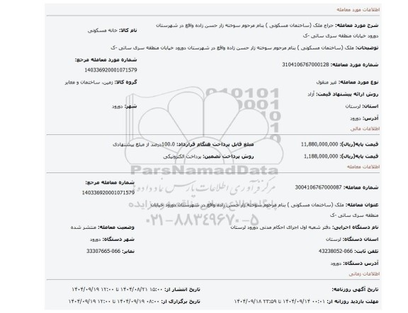 مزایده،  ملک (ساختمان مسکونی ) بنام مرحوم سوخته زار حسن زاده  واقع در شهرستان دورود خیابان منطقه سری ساتی -ک