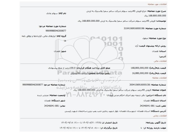 مزایده، فروش 40درصد سهام شرکت ساغر سمرا پلاستیک به ارزش 168.800.000.000 ریال