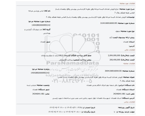مزایده، فروش تعدادی البسه مردانه وفق نظریه کارشناسی پیوستی واقع درهمدان پاساژ الماس طبقه همکف پلاک 7