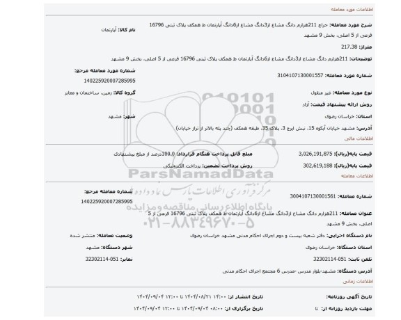 مزایده، 211هزارم دانگ مشاع از3دانگ مشاع از6دانگ آپارتمان ط همکف پلاک ثبتی 16796 فرعی از 5 اصلی، بخش 9 مشهد