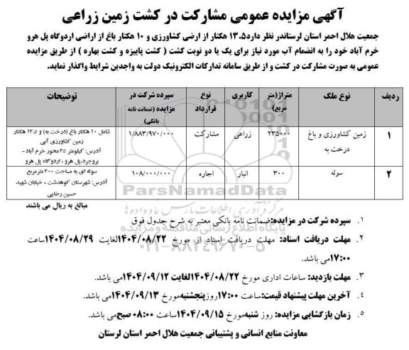 آگهی مزایده عمومی مشارکت در کشت زمین زراعی