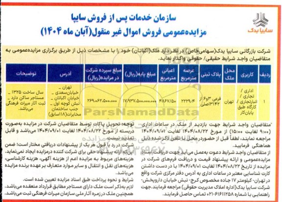 مزایده فروش ملک (اکباتان)