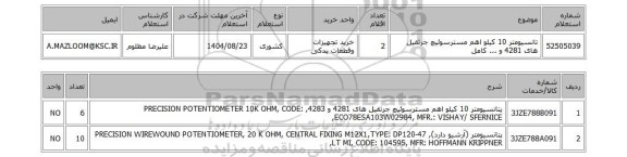 استعلام تانسیومتر 10 کیلو اهم مسترسوئیچ جرثقیل های 4281 و ... کامل