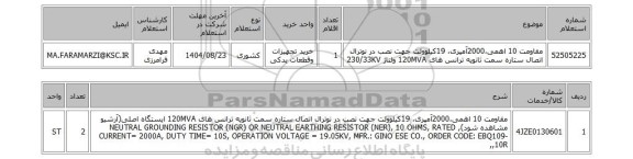 استعلام مقاومت 10 اهمی،2000آمپری، 19کیلوولت جهت نصب در نوترال اتصال ستاره سمت ثانویه ترانس های 120MVA ولتاژ 230/33KV