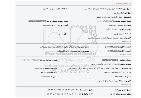 مزایده، فروش یک  قطعه زمین واقع در تلخسرو