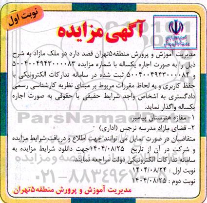 مزایده واگذاری دو ملک مازاد، مغازه...