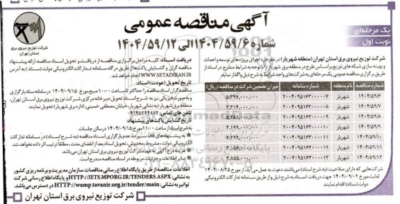 مناقصه اجرای پروژه های توسعه احداث و بهینه سازی شبکه های توزیع