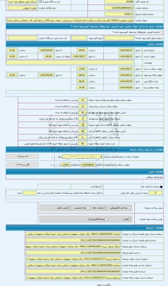 مزایده ،  مقدار حدود 155 تن انواع اهن الات ضایعاتی شامل براده اهن استیل چدن و ورقهای مخازن و بشکه های فرسوده فلزی  و ورقهای الوم
