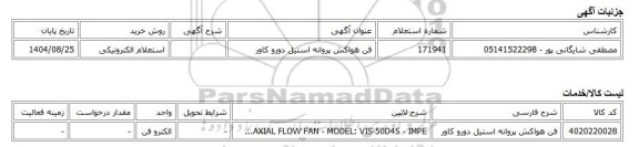 استعلام الکترونیکی، فن هواکش پروانه استیل دورو کاور