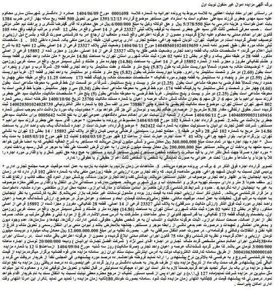 مزایده ششدانگ عرصه و اعیان واحد تجاری