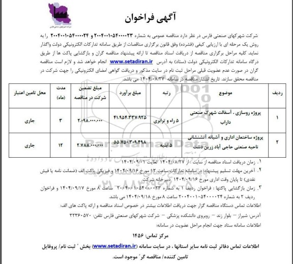 فراخوان پروژه روسازی ، آسفالت ، شهرک ...