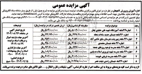 مزایده اجاره 36 ماهه آموزشگاه ...