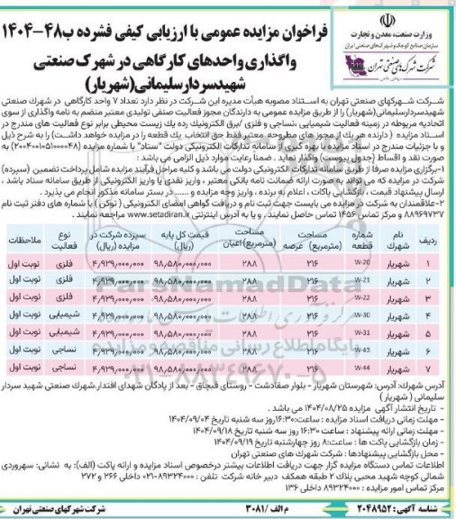 فراخوان مزایده عمومی واگذاری واحدهای کارگاهی در شهرک صنعتی