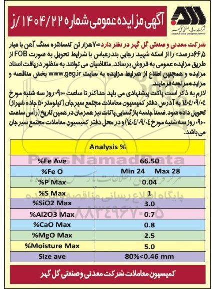 مزایده 70 هزار تن کنسانتره سنگ آهن با عیار 66.5 درصد