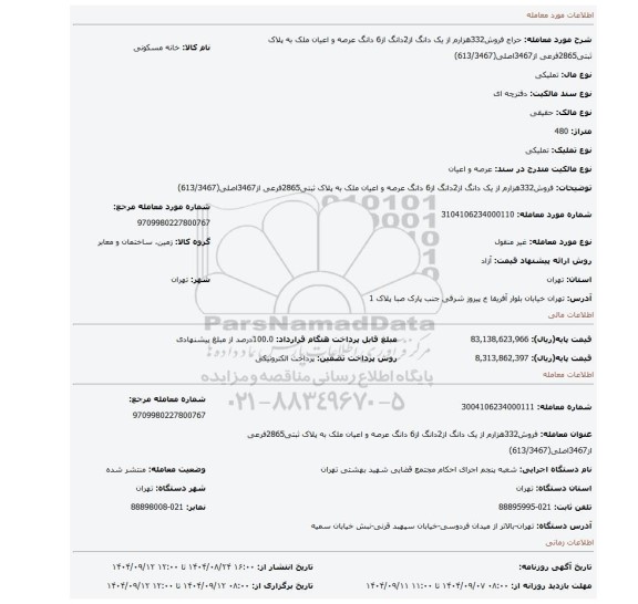 مزایده، فروش332هزارم  از یک دانگ از2دانگ از6 دانگ عرصه و اعیان ملک به پلاک ثبتی2865فرعی از3467اصلی(613/3467)