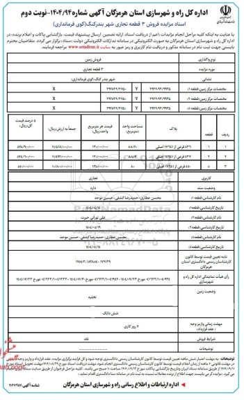 مزایده فروش سه قطعه تجاری ​​​​​​​نوبت دوم 