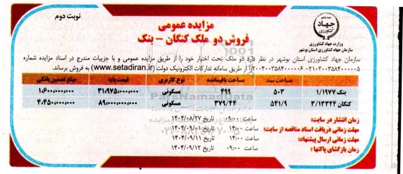 مزایده فروش دو ملک تحت اختیار- نوبت دوم 
