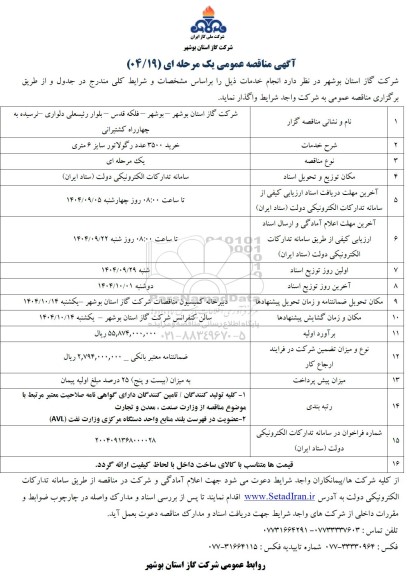 مناقصه خرید 3500 عدد رگولاتور سایز 6 متری 