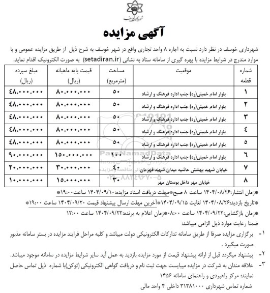 مزایده اجاره 8 واحد تجاری 